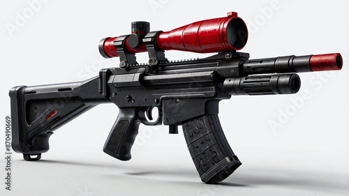 video game sniper rifle with black and red color combination. The rifle has a bipod mount that folds under the barrel and a silencer mounted on the muzzle photo