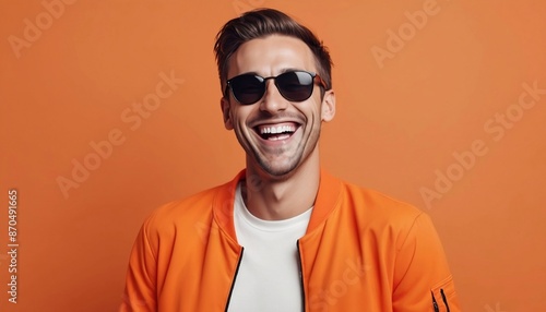 mockup portrait of a handsome happy man laughing and smiling wearing orange jacket and white t-shirt and sunglasses on isolated bright orange background created with generative ai. © Chaudhry