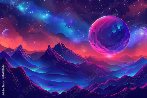 Fantastic illustration of the neon planet above the mountains