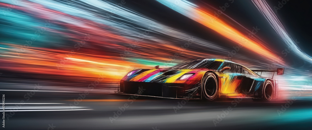 Graphic, colorful and very dynamic drawing of a racing car on the race track Graphic, colorful and very dynamic drawing of a racing car on the race track