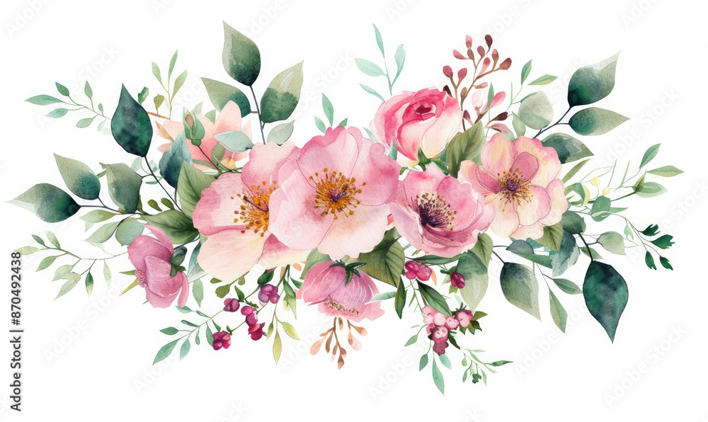 Fototapeta premium Bouquet made of pink watercolor flowers and green leaves, wedding and greeting