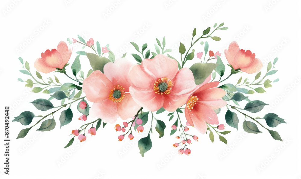 Fototapeta premium Bouquet made of pink watercolor flowers and green leaves, wedding and greeting