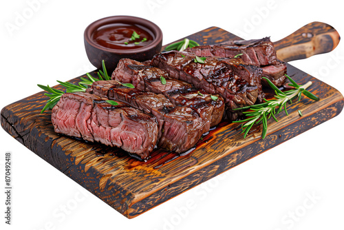 a steak on a cutting board photo