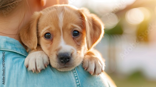 Adorable puppy being held on a person's shoulder, looking into the camera with a loving gaze in a warm and bright outdoor setting.