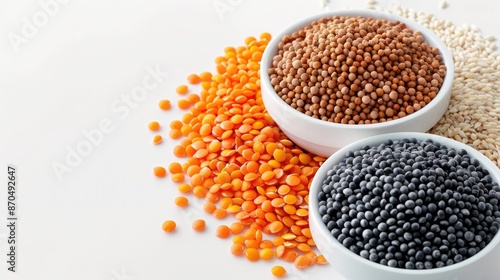 Assorted legumes in bowls and scattered on a white surface, featuring red, brown, black, and white beans, perfect for healthy cooking and recipes.