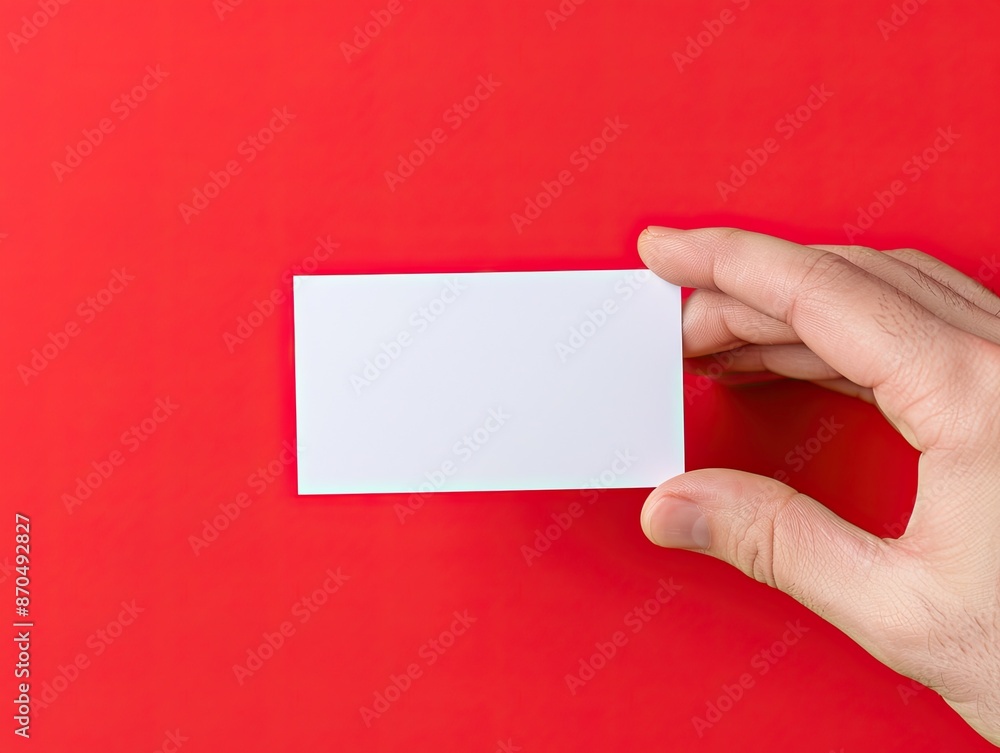 Hand holding blank white business card on a bright red background, perfect for adding text or logo mockups. Hand holding blank white business card on a bright red background, perfect for adding text or logo mockups.