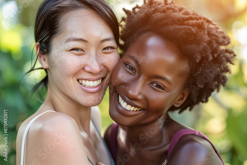 Two partners in a sunlit garden with radiant skin hug joyfully, showing their deep bond and happiness, radiating cheerful and confident connection © lenblr