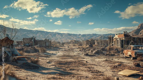 Post-Apocalyptic Desert Wasteland with Ruined Structures, dystopian fantasy, gaming wallpaper