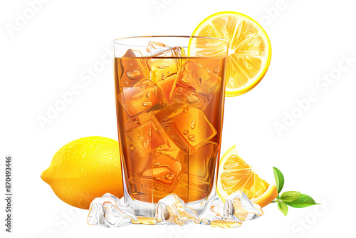 a glass of ice tea with lemons and leaves