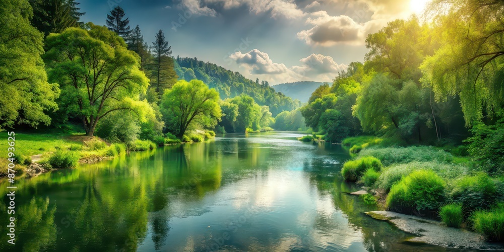 Fototapeta premium Serene landscape with lush greenery and flowing river, nature, scenery, outdoors, peaceful, tranquil, picturesque, green