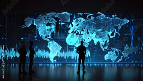 The video is of three people standing in front of a large screen with a map of the world on it. The map is made up of glowing blue lines and dots.