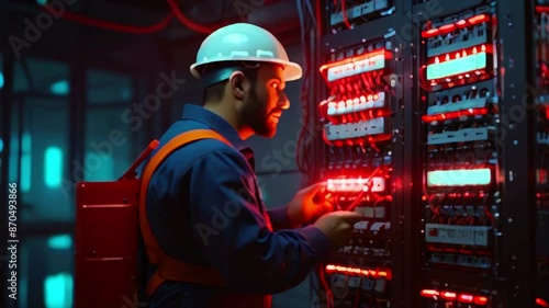 A man wearing a hard hat and safety vest is working on a server rack.