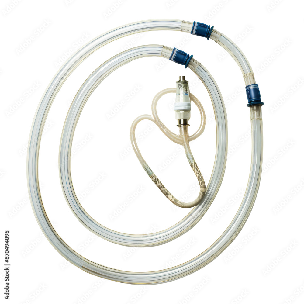 Coiled transparent plastic medical tubing with connectors on white background, used for healthcare equipment and hospital supplies. Coiled transparent plastic medical tubing with connectors on white background, used for healthcare equipment and hospital supplies.