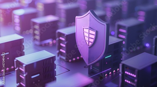 A digital shield representing cyber security protecting servers in a data center under purple and blue lighting. photo