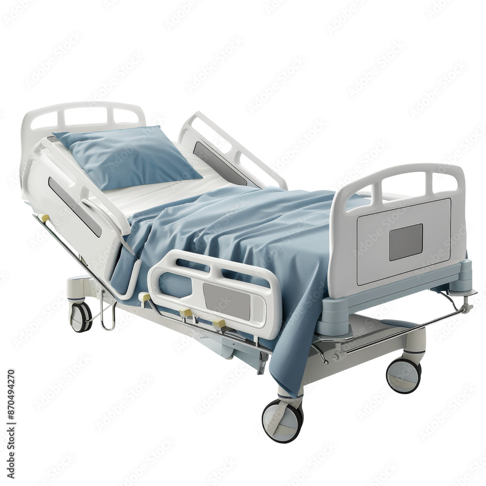Modern hospital bed with adjustable features, isolated on white background. Ideal for healthcare, medical, and hospital-related content. Modern hospital bed with adjustable features, isolated on white background. Ideal for healthcare, medical, and hospital-related content.