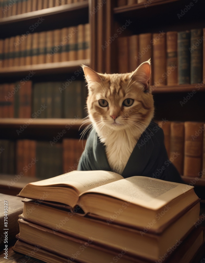 Delving into knowledge, an anthropomorphic cat browses through books in the library
Delving into knowledge, an anthropomorphic cat browses through books in the library