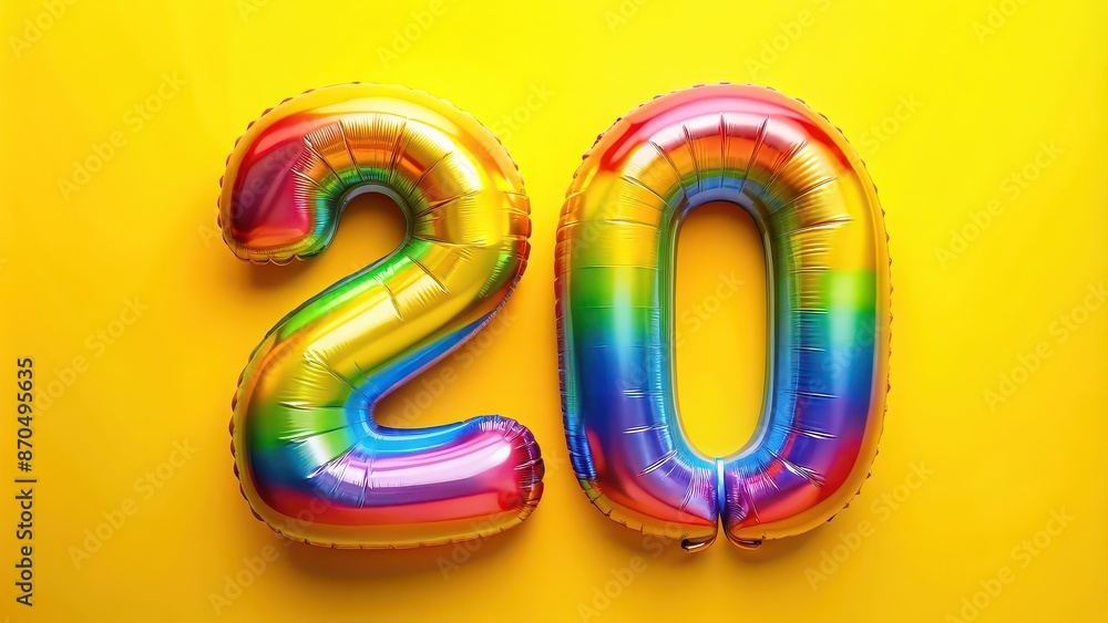 Bright rainbow foil inflatable balloon number twenty on yellow background , celebration, birthday, party, decorations Bright rainbow foil inflatable balloon number twenty on yellow background , celebration, birthday, party, decorations
