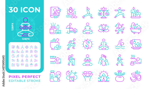 Meditation and wellness two color line icons set. Spiritual practices. Healthy lifestyle. Self-care bicolor outline iconset isolated. Duotone pictograms thin linear. Editable stroke