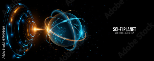 Hologram of futuristic planet Earth into cyberspace. Digital glowing map of dots. Sci-fi HUD circles. Globe with abstract rings in the orbit with stardust on black background. Global communication. Ve