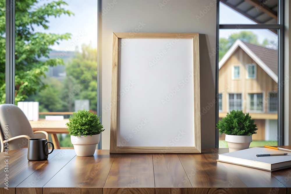 Blank Frame Mockup on Wooden Desk with Plants. Blank Frame Mockup on Wooden Desk with Plants.