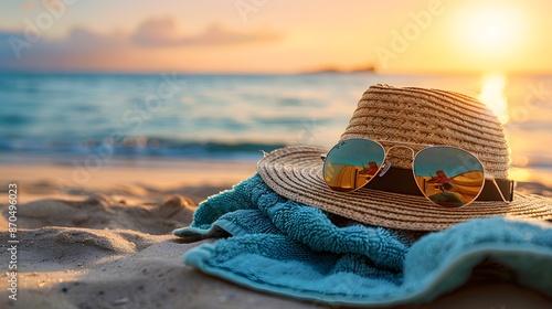 Summer Essentials: Closeup of Sunglasses, Straw Hat, and Towel on Beach photo