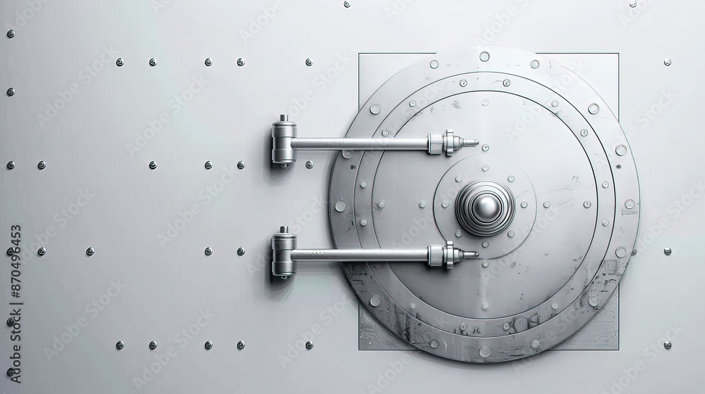 Realistic closed bank vault door on a white background, with a metallic design and copy space. 3D rendering of a safe lock for money and weapon protection concept. High resolution image Realistic closed bank vault door on a white background, with a metallic design and copy space. 3D rendering of a safe lock for money and weapon protection concept. High resolution image