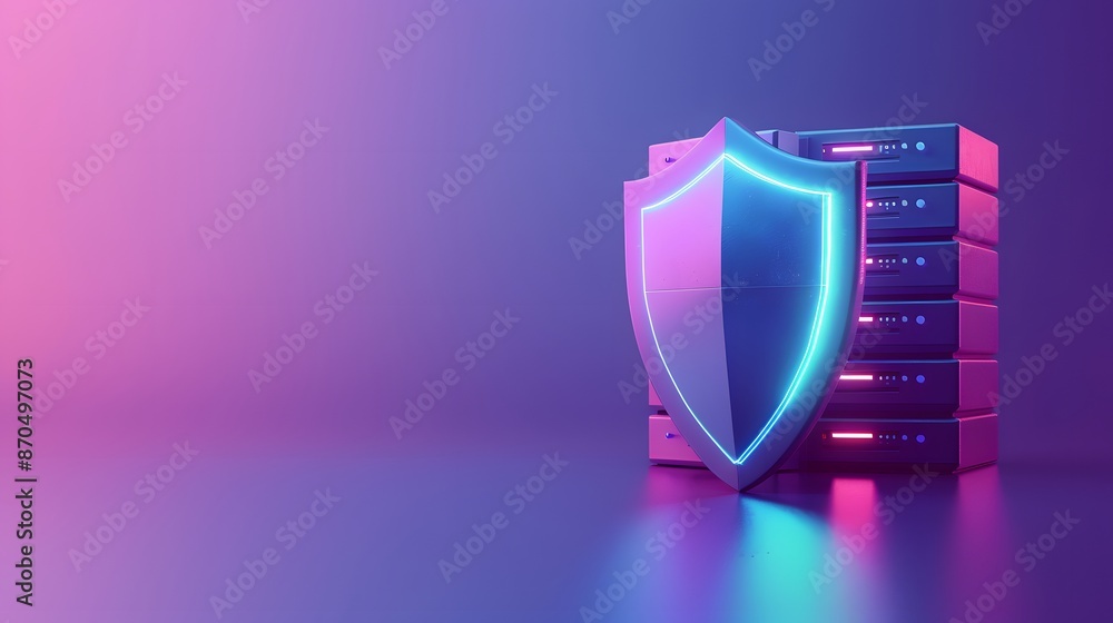Cybersecurity concept with a glowing shield in front of servers. Digital security and data protection. 3D rendering on gradient background. Cybersecurity concept with a glowing shield in front of servers. Digital security and data protection. 3D rendering on gradient background.