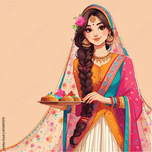 Beautiful Bride Illustration Elegant Wedding Woman Artwork in Traditional Dress