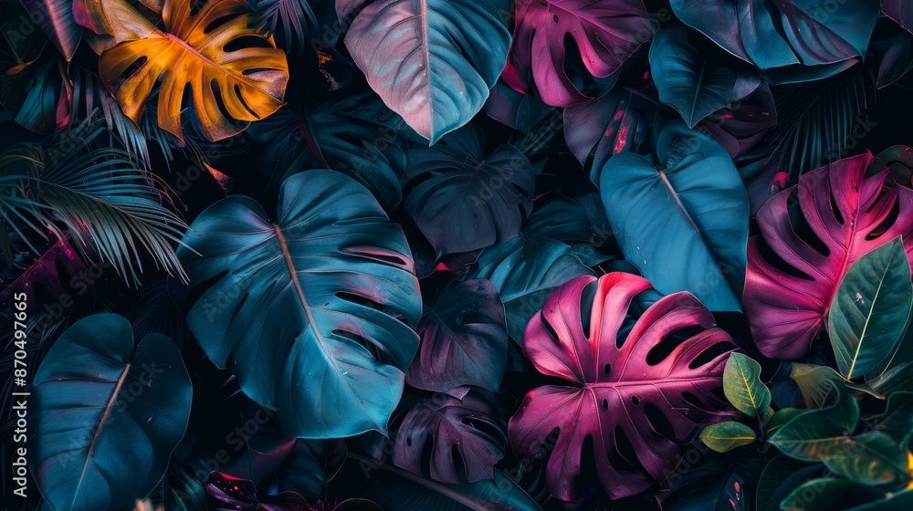 Abstract background of leaves in blue and red colors. abstract natural jungle plants background Abstract background of leaves in blue and red colors. abstract natural jungle plants background