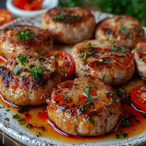 Close-up of Savory Grilled Chicken Patties with Sauce and Tomatoes