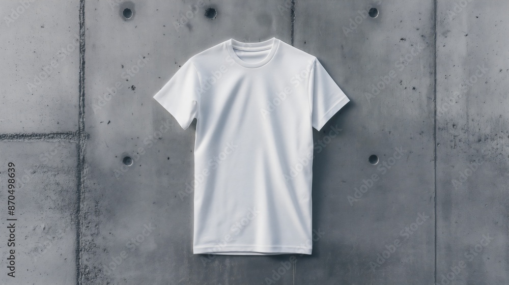 Blank mockup of a white short-sleeve t-shirt, template, without signs or letters, clean surface, space for design, against a wall background, concept of casual wear, fashion, cotton clothing, apparel. Blank mockup of a white short-sleeve t-shirt, template, without signs or letters, clean surface, space for design, against a wall background, concept of casual wear, fashion, cotton clothing, apparel.