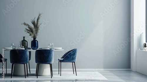 luxury dining room showcasing a round glass table, navy blue chairs, illuminated by natural light from expansive windows.Generative AI