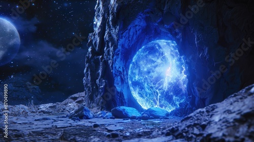 Blue cave with moonlit background