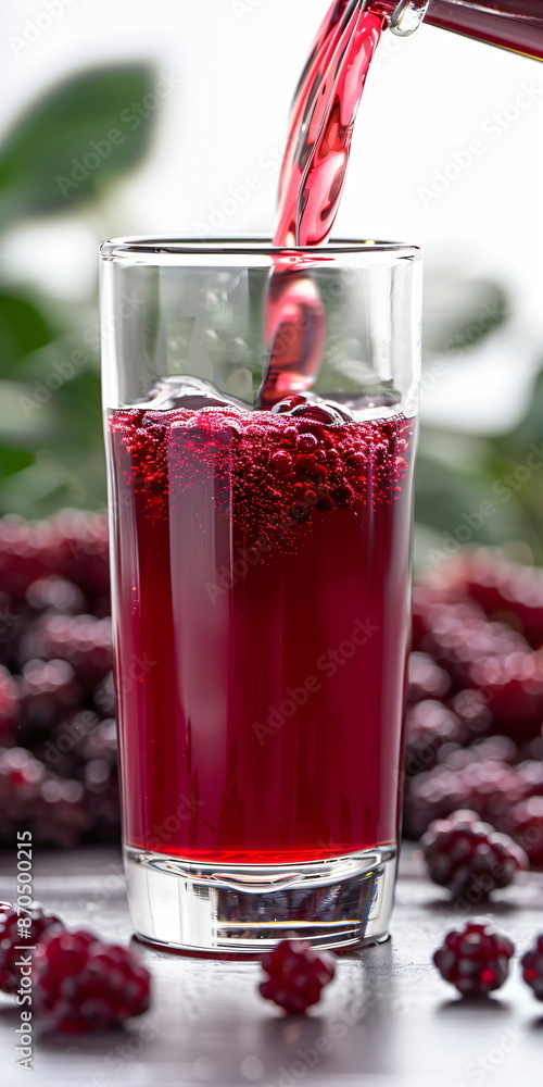 red berry juice in a glass with single berries in the white background red berry juice in a glass with single berries in the white background