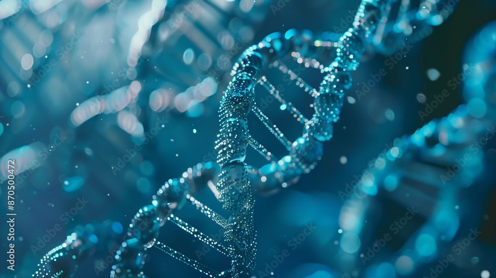 A blue and white image of a DNA strand. The strand is shown in a very detailed and intricate way, with many small dots and lines. Concept of complexity and wonder A blue and white image of a DNA strand. The strand is shown in a very detailed and intricate way, with many small dots and lines. Concept of complexity and wonder