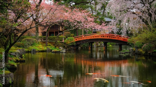 A bridge spans a river with a view of cherry blossoms in the background