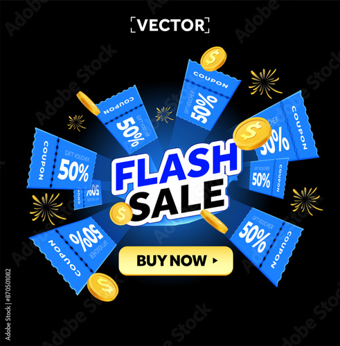 3d flying coupons with coupon code, percentage off, golden coins, isolated on dark background. Flash sale banner template with firework, CTA button. Unlimited discount voucher giveaway. 3d Vector