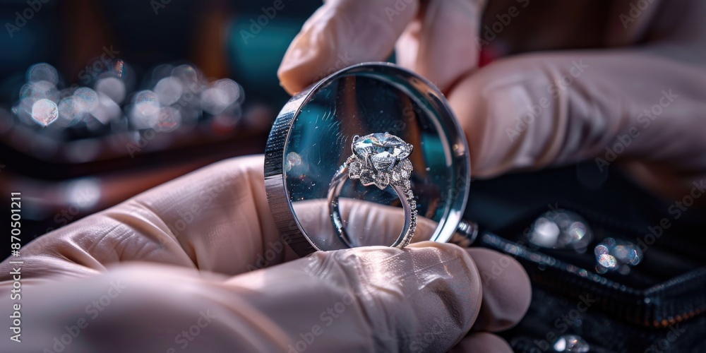 Person examining a diamond with a magnifying glass Person examining a diamond with a magnifying glass