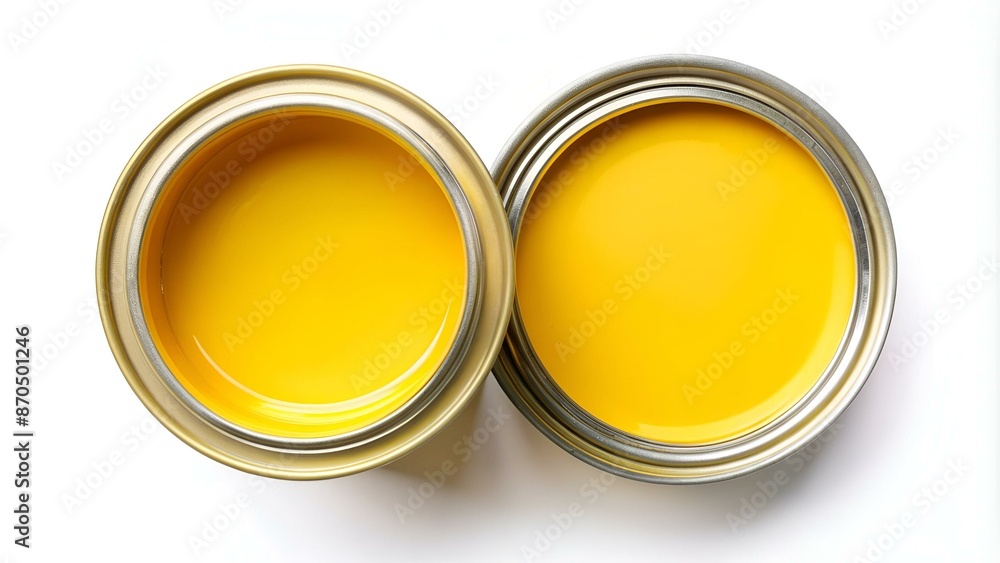 Can full of yellow paint isolated on white background, opened container photographed from above Can full of yellow paint isolated on white background, opened container photographed from above