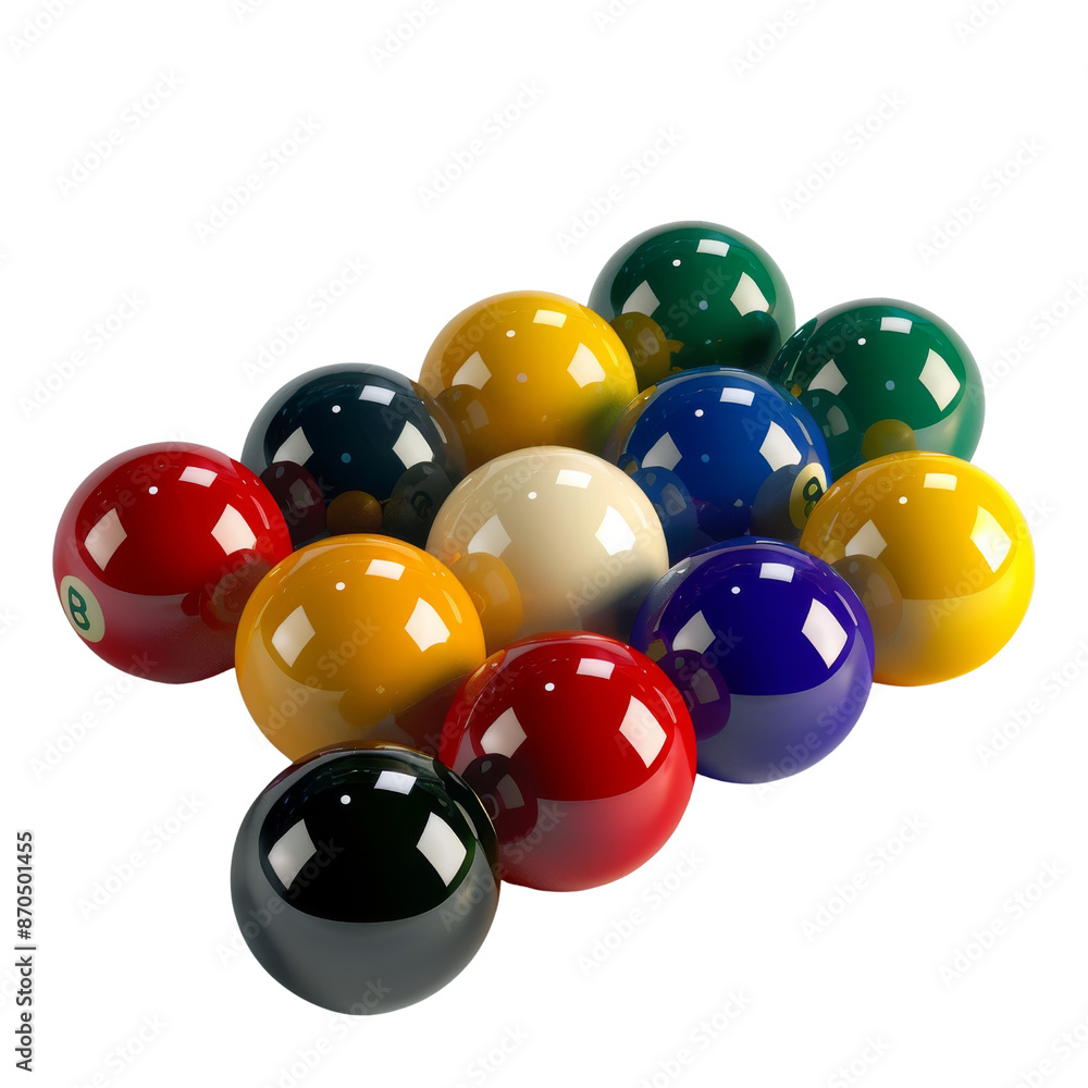 A vibrant set of billiard balls in various colors, arranged neatly on transparent background, highlighting their glossy finish and smooth texture. A vibrant set of billiard balls in various colors, arranged neatly on transparent background, highlighting their glossy finish and smooth texture.