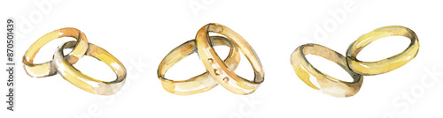 A set of rings for weddings, engagements, painted in watercolor in sketch style. Rings for the bride and groom, icon, isolated. Wedding accessories made of gold, wedding fashion jewelry
