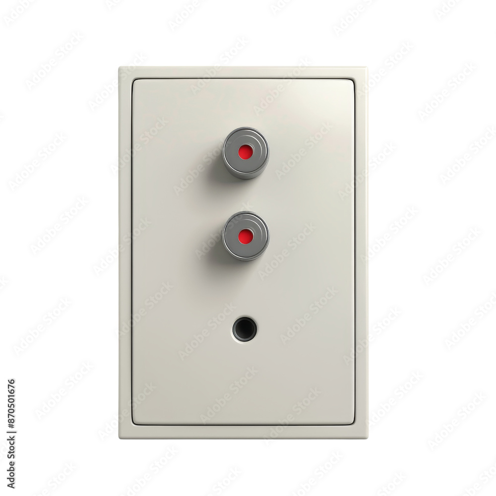 A white electrical wall socket with red buttons, isolated on transparent background. Perfect for electronics and building projects. A white electrical wall socket with red buttons, isolated on transparent background. Perfect for electronics and building projects.