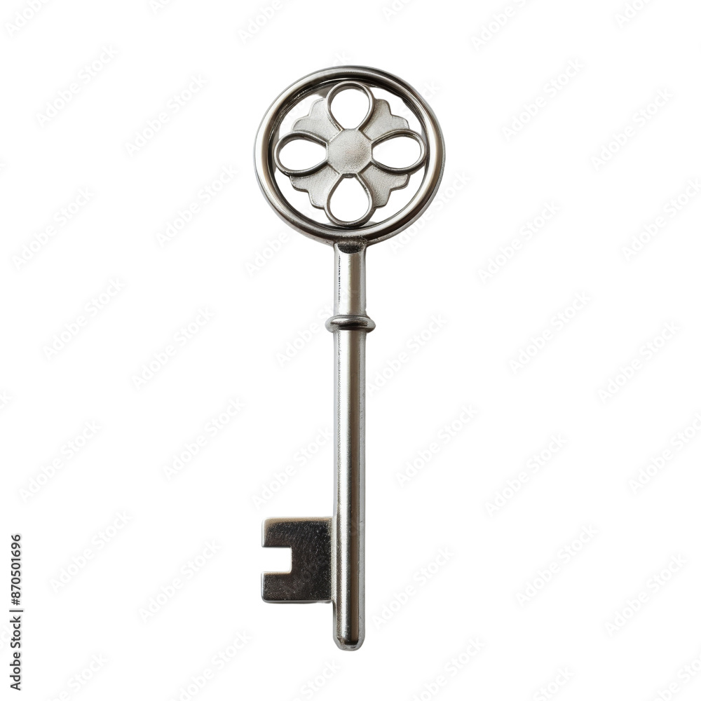 Obraz premium Close-up of an antique metal key with intricate design, isolated on transparent background, perfect for security or vintage-themed projects.