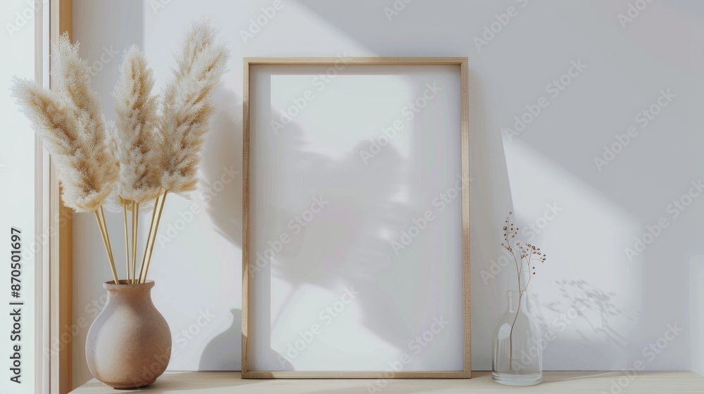 Minimalist interior design concept with blank photo frame fluffy reeds bouquet and rye in clay pot against white wall Minimalist interior design concept with blank photo frame fluffy reeds bouquet and rye in clay pot against white wall