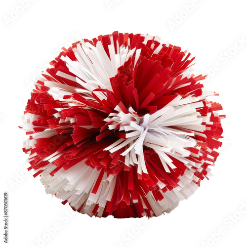 Close-up of a red and white cheerleading pom pom isolated on transparent background. Perfect for sports, cheerleading, and spirit-themed imagery.