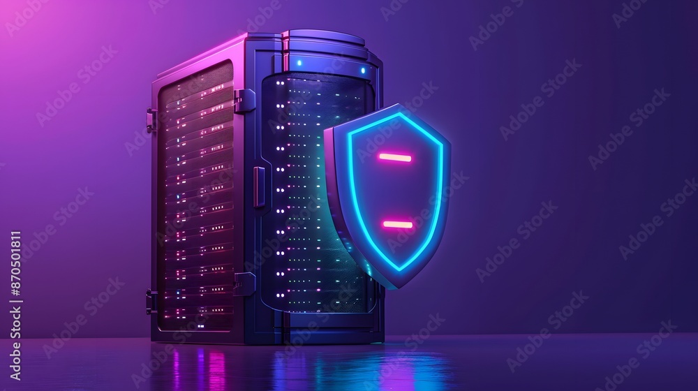 Futuristic server with glowing shield in a dark room, symbolizing cybersecurity and data protection with neon lighting. Futuristic server with glowing shield in a dark room, symbolizing cybersecurity and data protection with neon lighting.