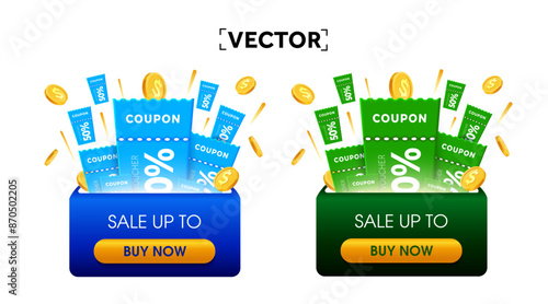 3D coupons and golden coins pop up from gift box. Coupon code with percentage discount. Vouchers and cash giveaway. Special sale off event banner template. 3d vector illustration. Vector illustration