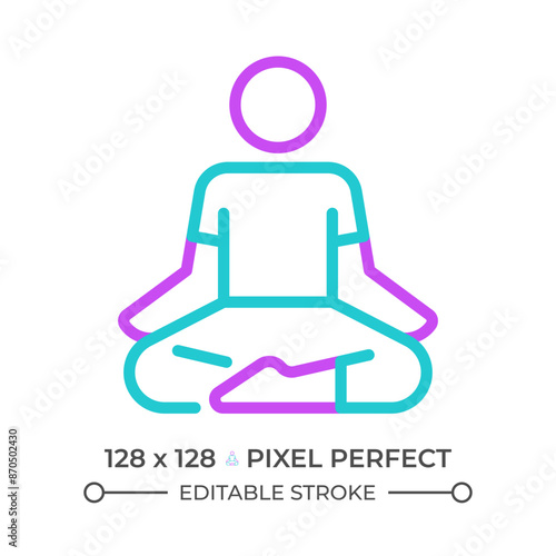 Lotus pose two color line icon. Meditation practice. Yoga posture. Cross legged person. Calmness bicolor outline symbol. Duotone linear pictogram. Isolated illustration. Editable stroke