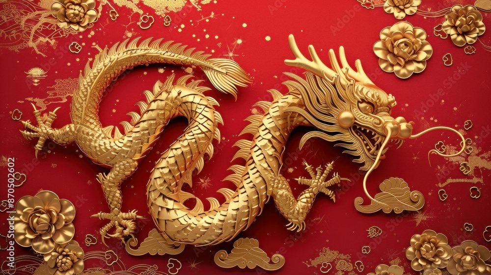Fototapeta premium Chinese New Year. Dragon gold decoration on red background. Copy space