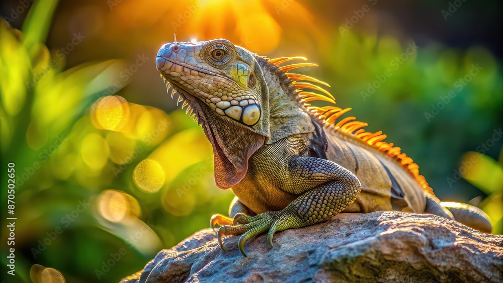 Fototapeta premium Iguana basking on a sunlit rock , tropical, reptile, wildlife, lizard, sunbathing, exotic, camouflaged, scales, nature